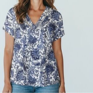 Elegant Blue and White Paisley Blouse